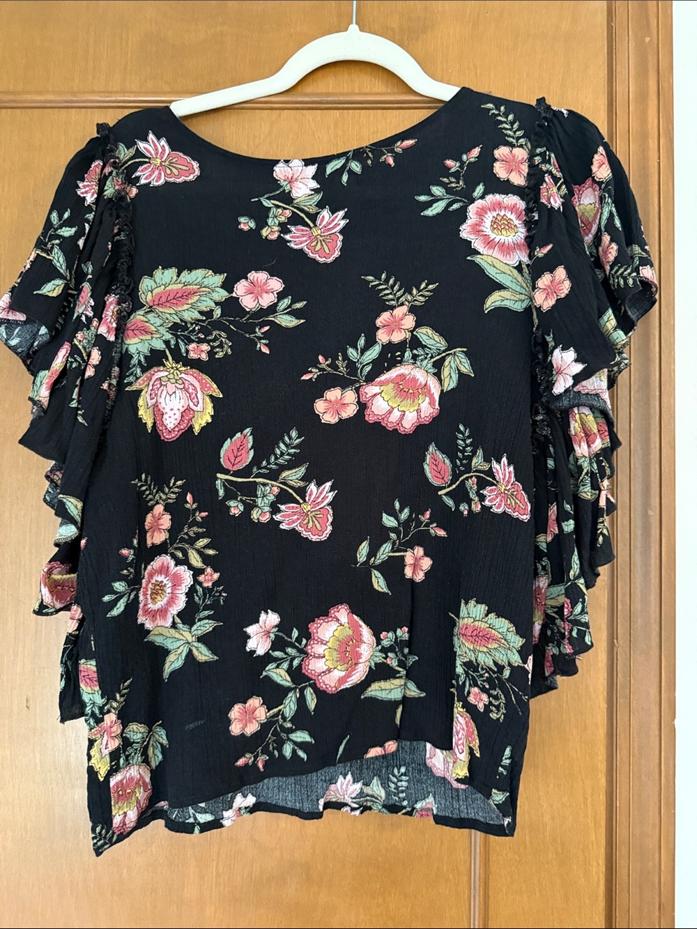 Black Floral Ruffle Sleeve Blouse - Casual Feminine Top